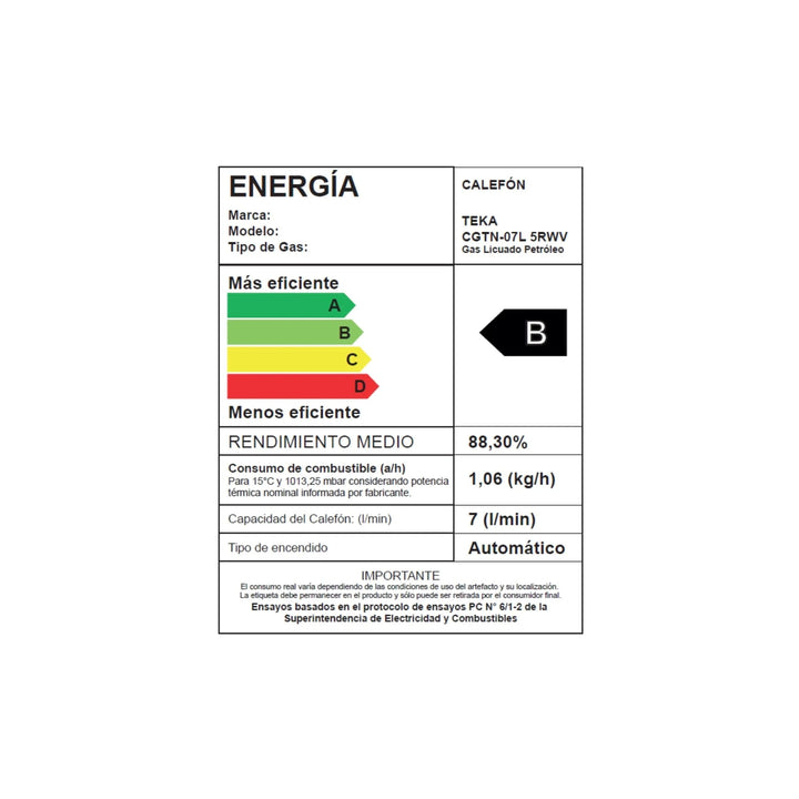 Calefont TEKA MultiSafe GL 7 (CGTN-07L 5RWV) | 7 Litros, Gas Licuado, Tiro Natural, Encendido Automático