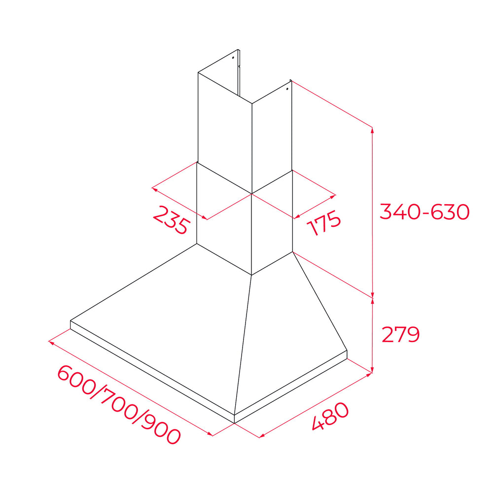 Campana decorativa piramidal Teka DBB 90 esquema de dimensiones