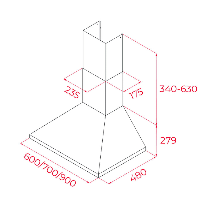 Campana decorativa piramidal Teka DBB 70 esquema de dimensiones