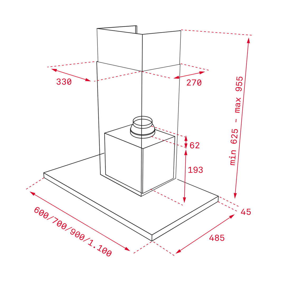 Campana decorativa Teka DPL 986 T esquema de dimensiones