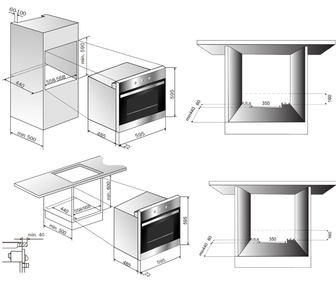 Horno convencional Teka HS 445 esquema de dimensiones