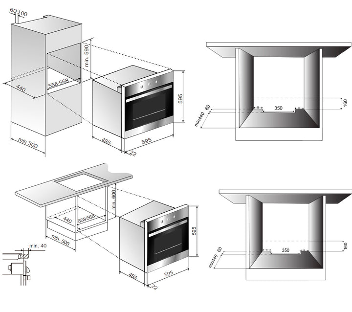 Horno convencional Teka HS 445 esquema de dimensiones