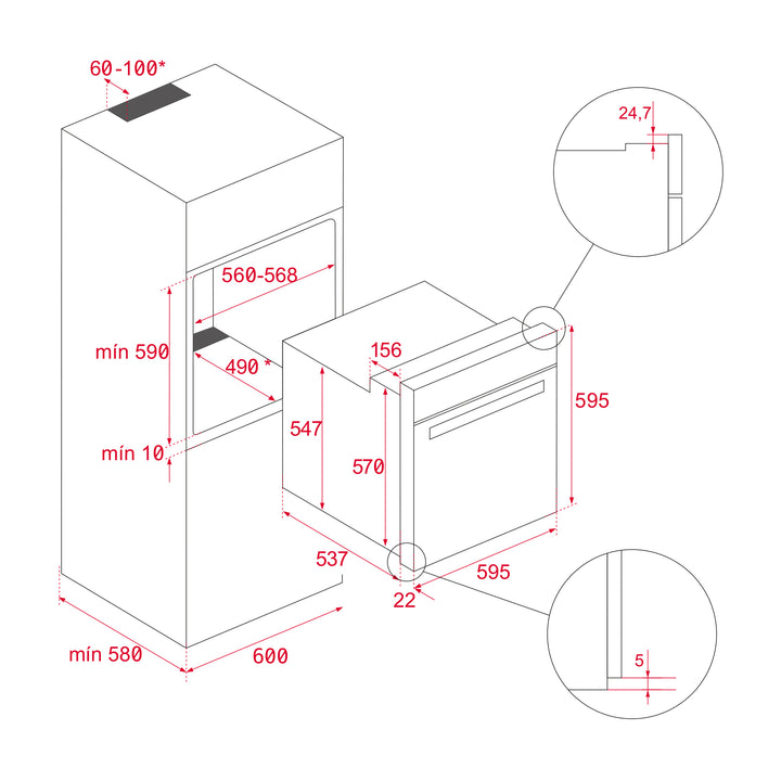 Horno eléctrico Teka HSB 6350 SS esquema de dimensiones de empotramiento