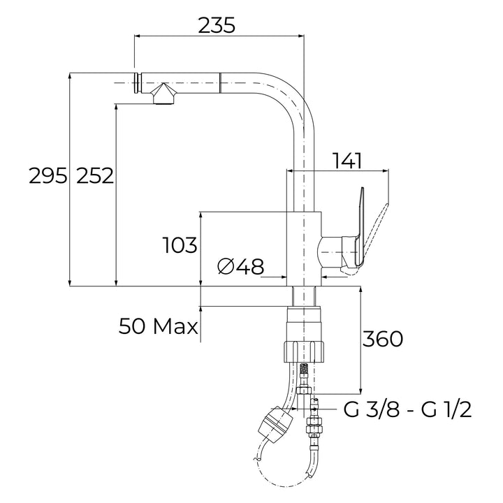 Grifo de cocina Teka IN 938 PLUS esquema de dimensiones