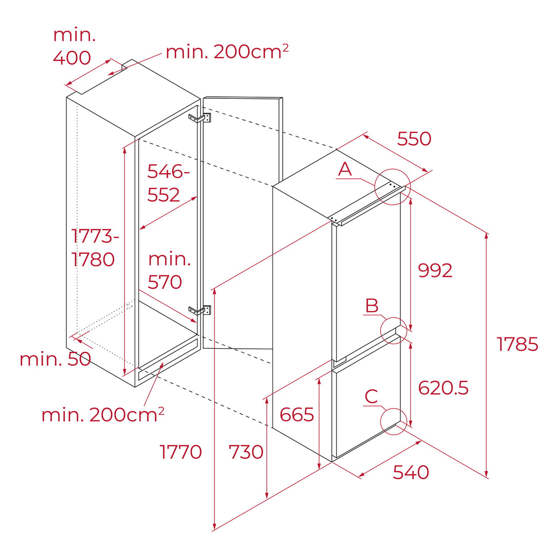 Refrigerador combi integrable Teka RBF 73395 FI esquema de dimensiones